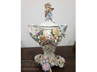 40sm παλιά Sitzendorf φιγούρα βάζο με καπάκι με άγγελο-χερουβείμ