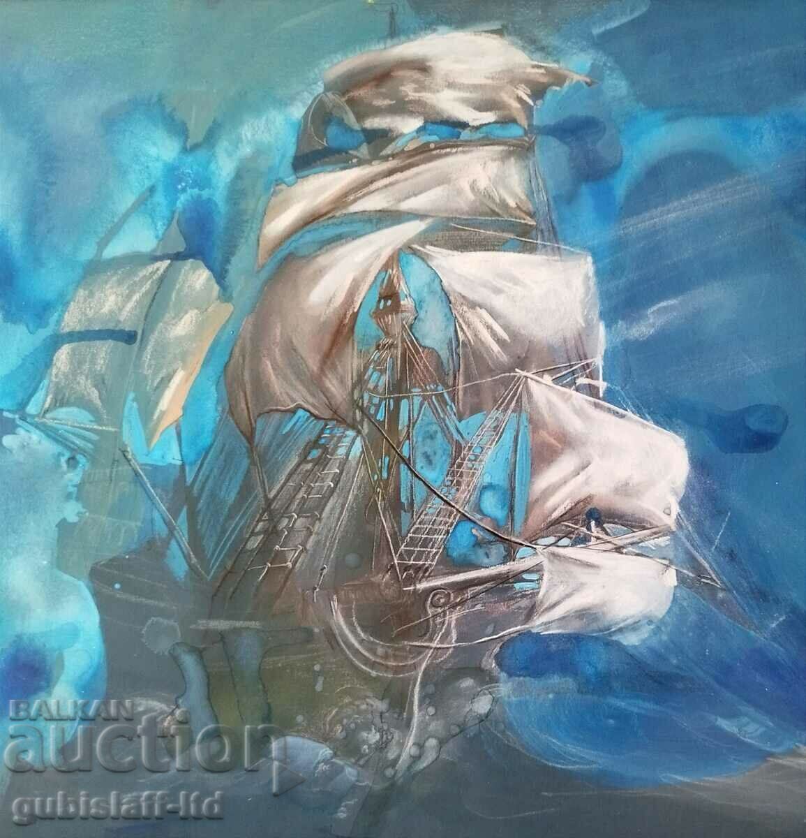 Εικόνα, πλοίο, θάλασσα, καταιγίδα, τέχνη. Μπόγιαν Γιάνεφ με τιμή 680.00 BGN | € 347.68