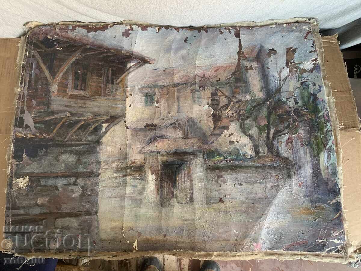 Tablou vechi Peisaj cu case de la țară