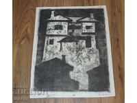 1964 Desen original de autor grafică litografie. casă veche semnată