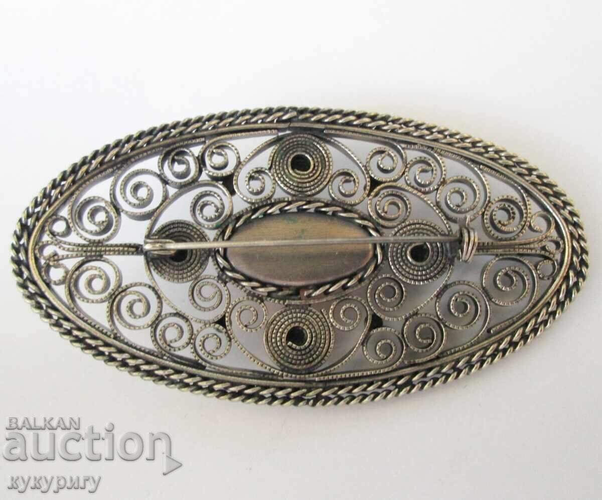 Μεγάλη παλιά σοσιαλιστική γυναικεία καρφίτσα φιλιγκράν και φυσικό κεχριμπάρι - 5