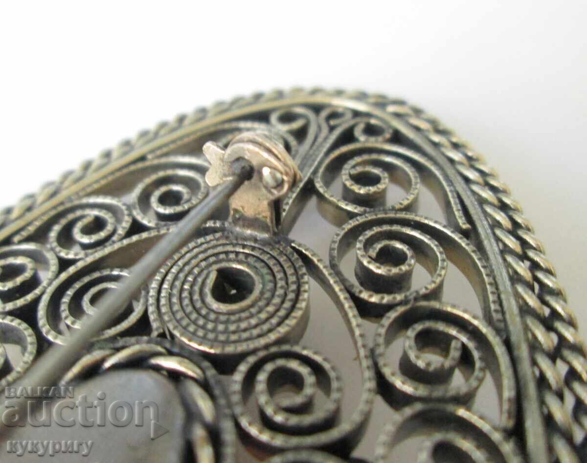 Μεγάλη παλιά σοσιαλιστική γυναικεία καρφίτσα φιλιγκράν και φυσικό κεχριμπάρι - 6