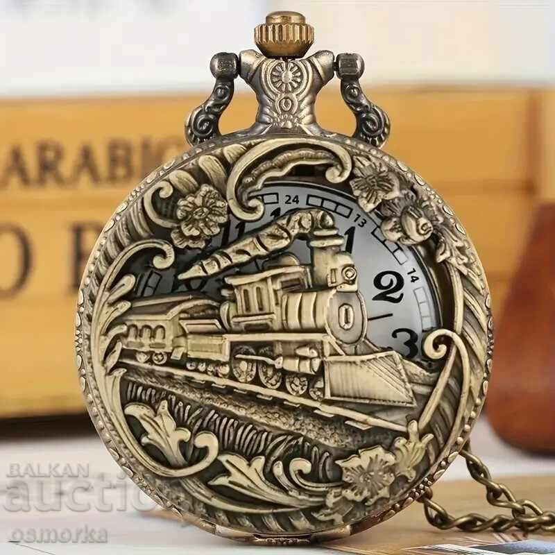 Ceas de buzunar tren locomotivă mecanic abur vagoane șine