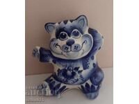 Figurină de porțelan Pisică ceramică. Gzhel. Rusia