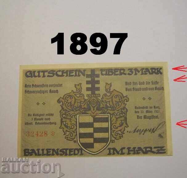Ballenstedt Harz 3 mark 1921 Германия