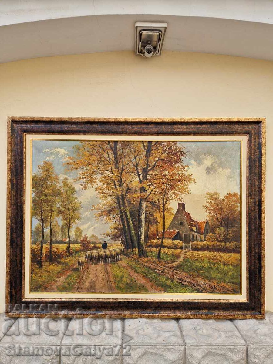 Pictură belgiană antică unică în ulei pe panou cu preț € 391.65 | 766.00 BGN