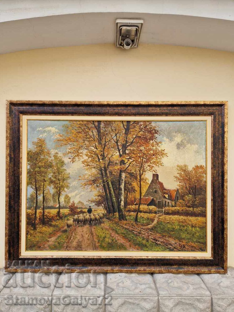 Unique large antique Belgian oil on panel painting with price 391.65 €