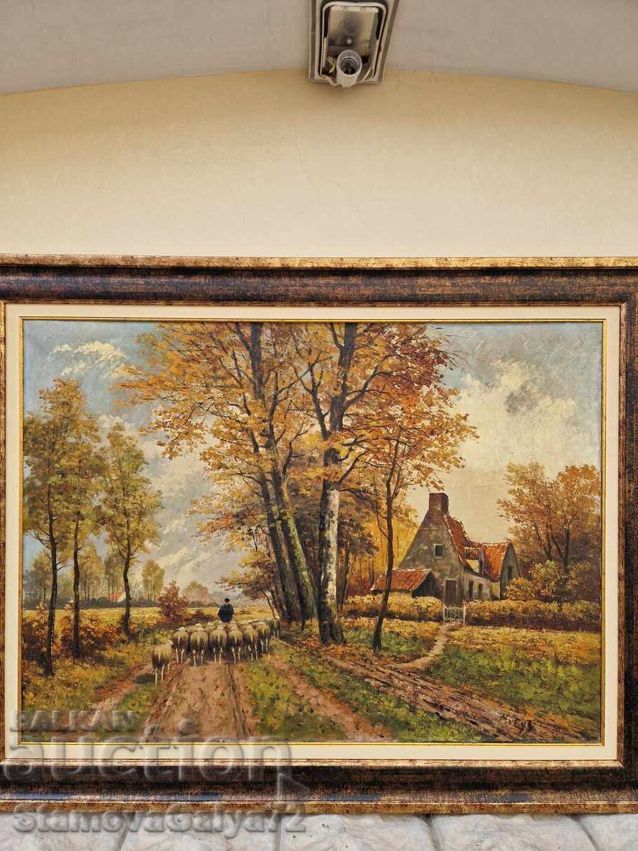 Auction  Unique large antique Belgian oil on panel painting