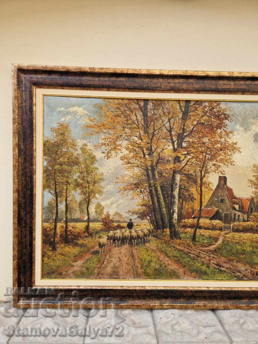 Μοναδική μεγάλη αντίκα βελγική ζωγραφική με λάδι σε πάνελ - 5