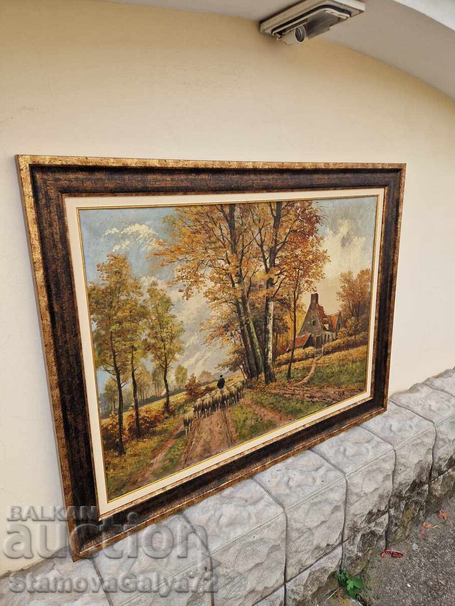 Pictură belgiană antică unică în ulei pe panou - 6