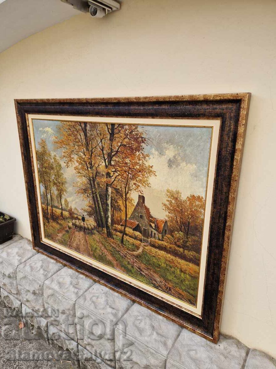 Pictură belgiană antică unică în ulei pe panou - 7