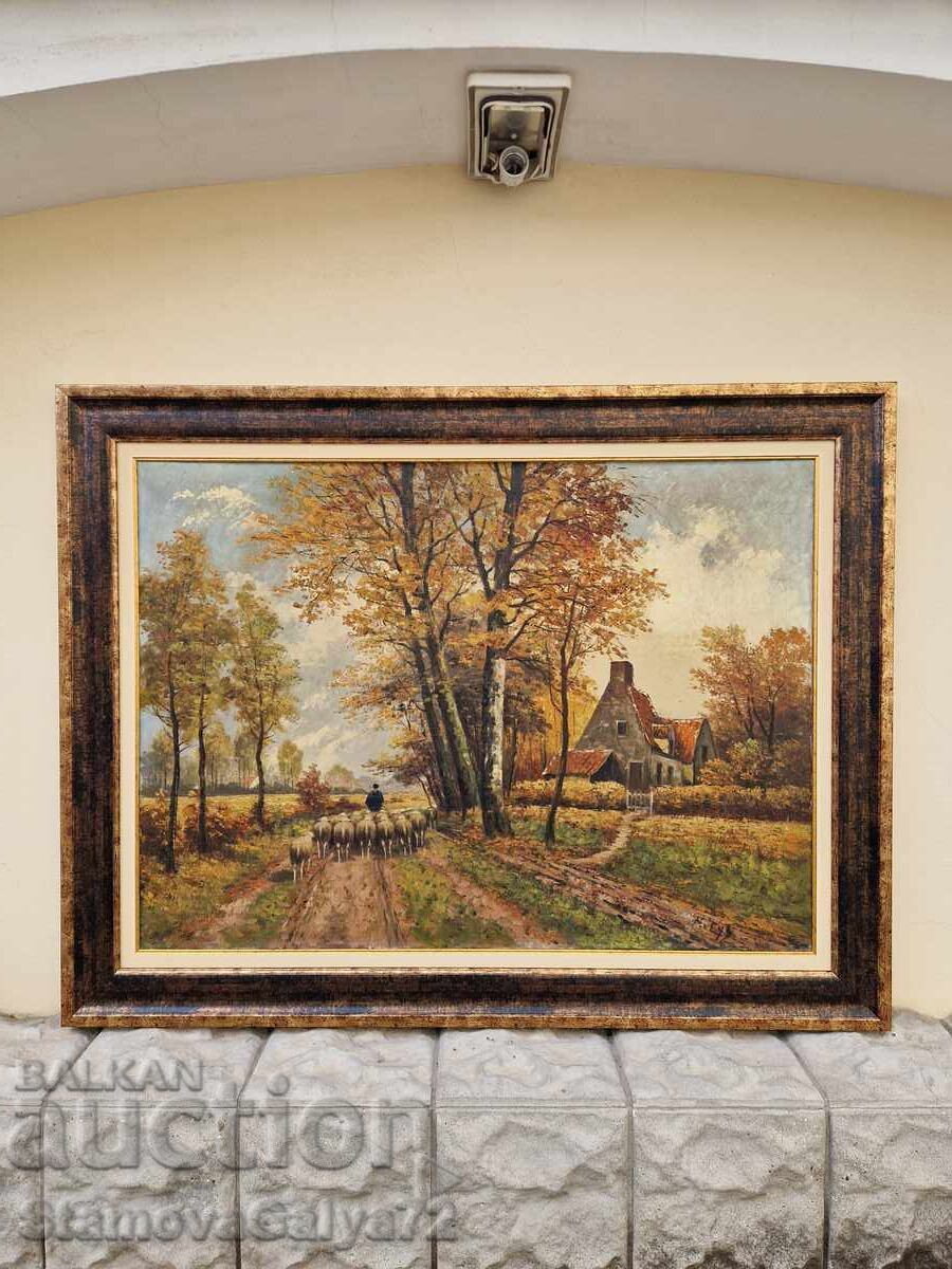 Уникална голяма антикварна белгийска картина масло върху пла