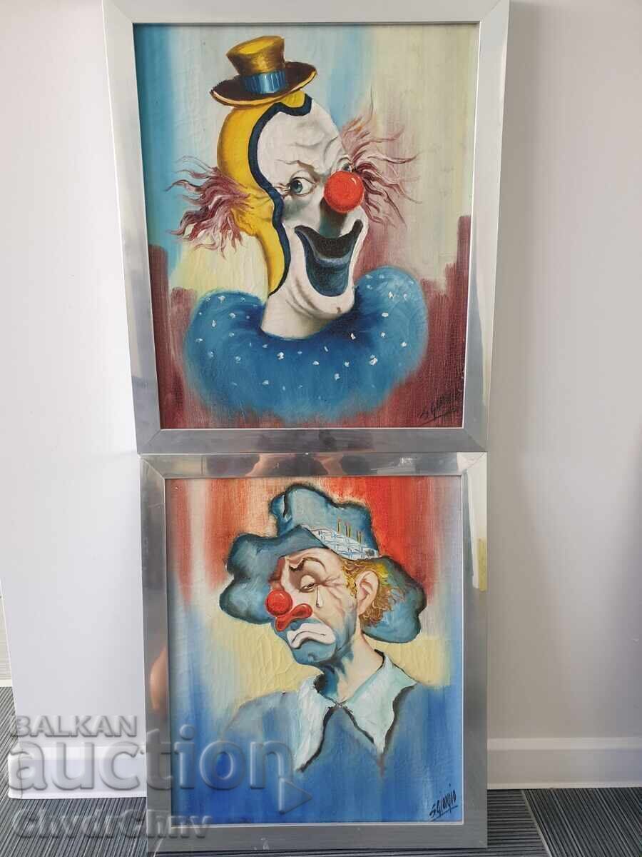 Pair of old oil paintings on canvas/clown portraits