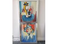 Pereche de tablouri vechi, ulei pe pânză/portrete de clovni
