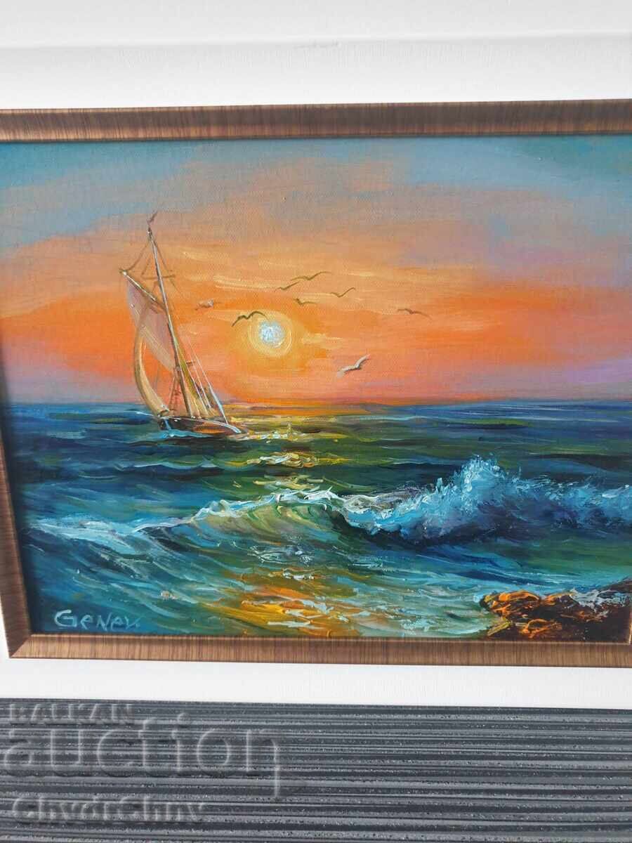 Bulgarian oil painting on canvas / Dimitar Genev / seascape with price 200.00 BGN | € 102.26