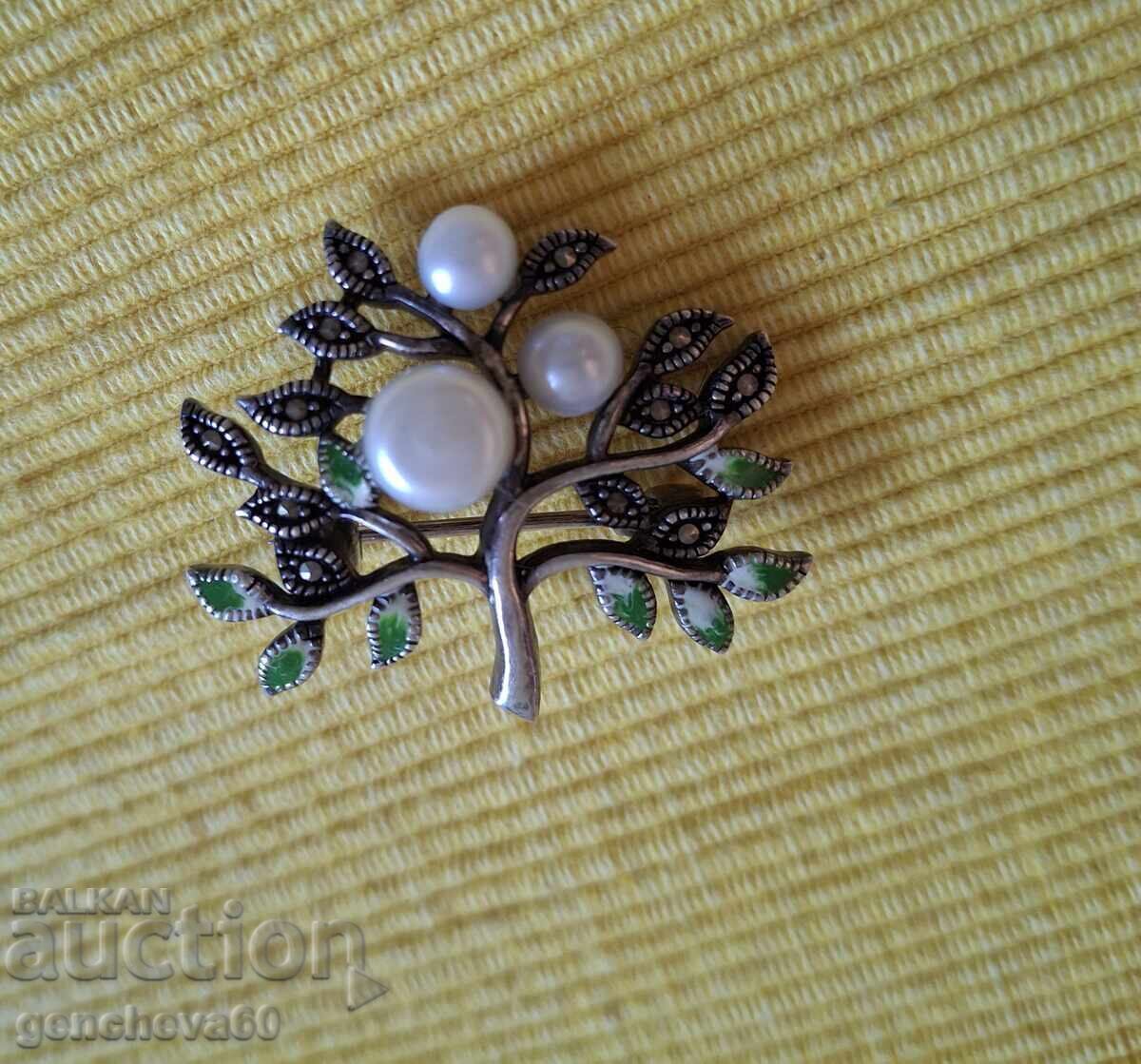 Delivery of Old brooch with natural pearls, marcasite, enamel, silver