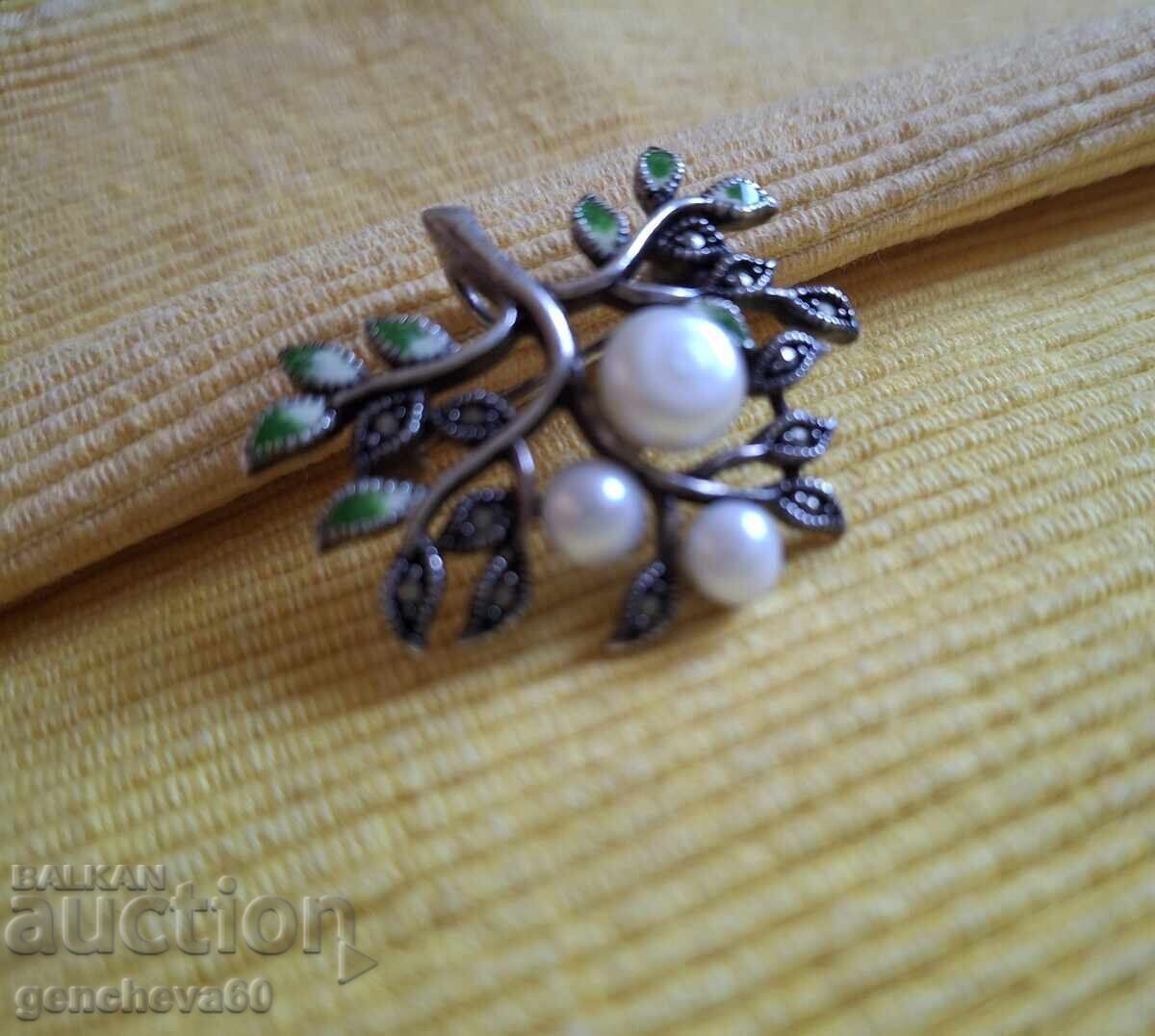 Old brooch with natural pearls, marcasite, enamel, silver - 5