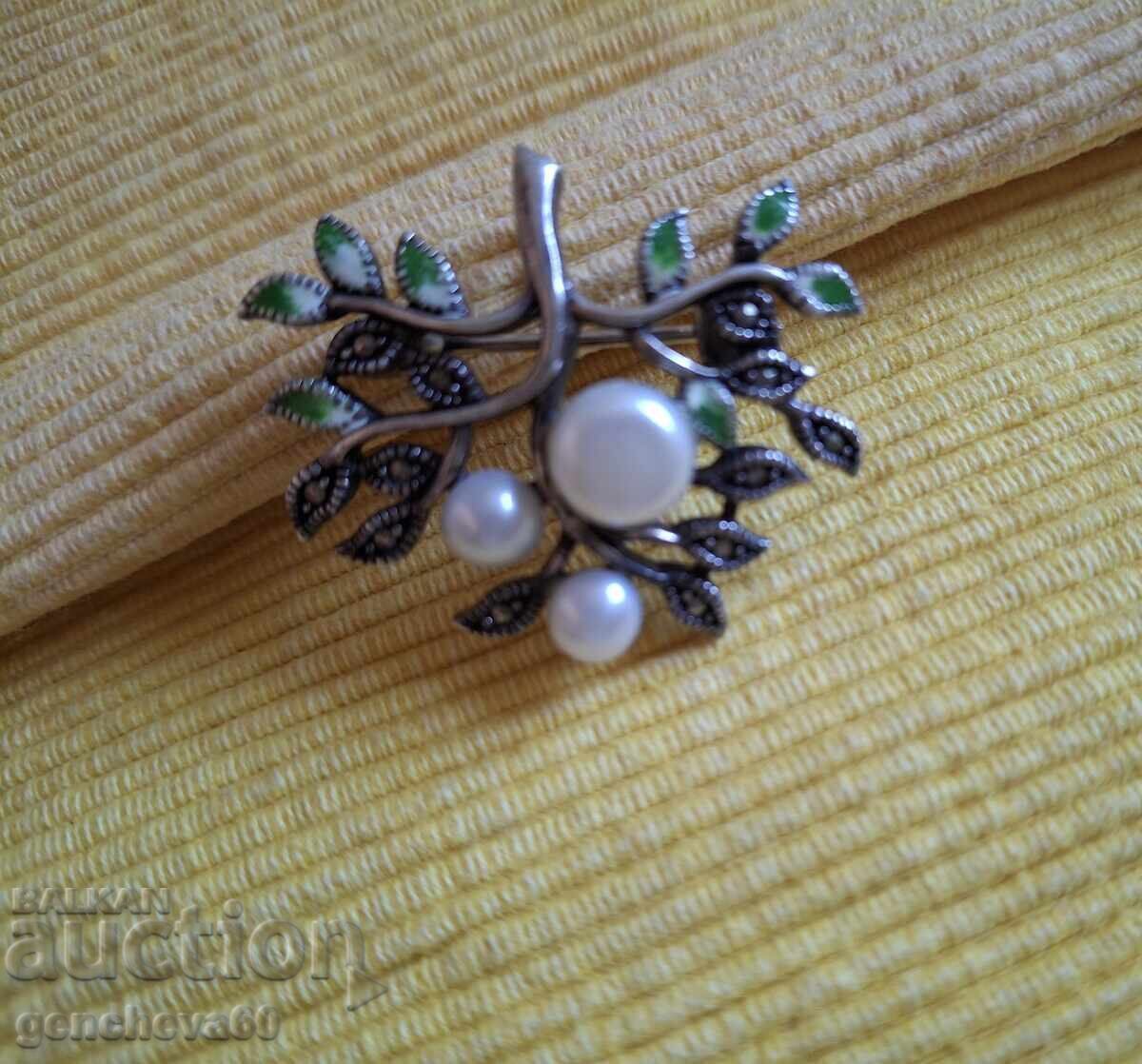 Old brooch with natural pearls, marcasite, enamel, silver