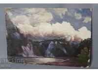 Veche pictură de maestru, ulei pe pânză, peisaj montan