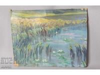 Tablou vechi de maestru, ulei pe pânză, Peisaj cu nuferi