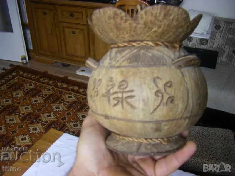 Auction  Exotic wooden vase with lid, pot, flower pot