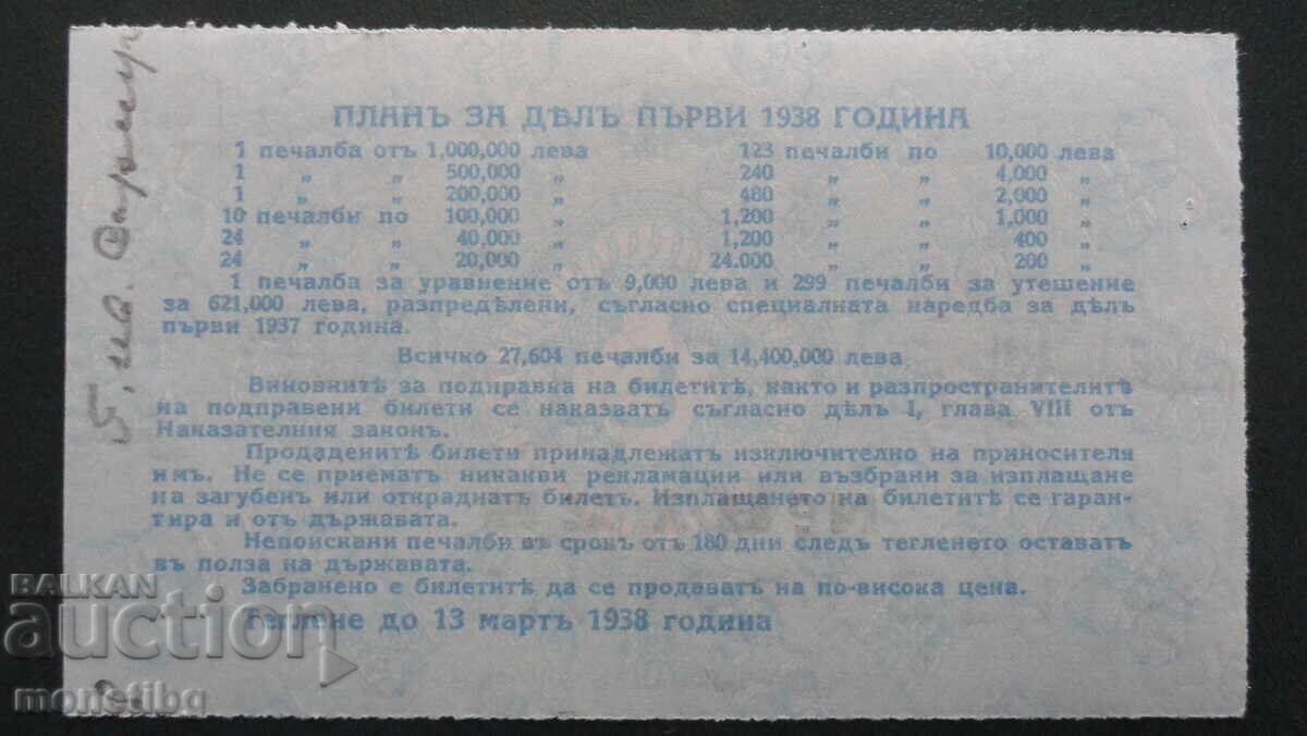 Delivery of Bulgaria 1938 - Lottery ticket Delivery of Bulgaria 1938 - Lottery ticket