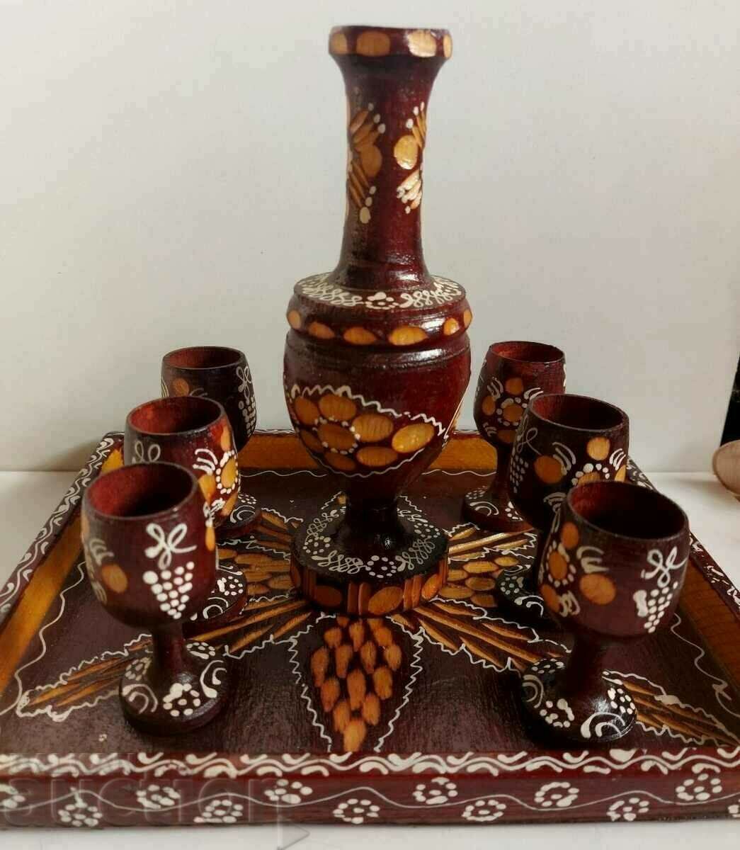 .OLD SOC WOODEN SERVICE TRAY CUPS VASE WOOD CARVING with price 50.00 BGN | € 25.56