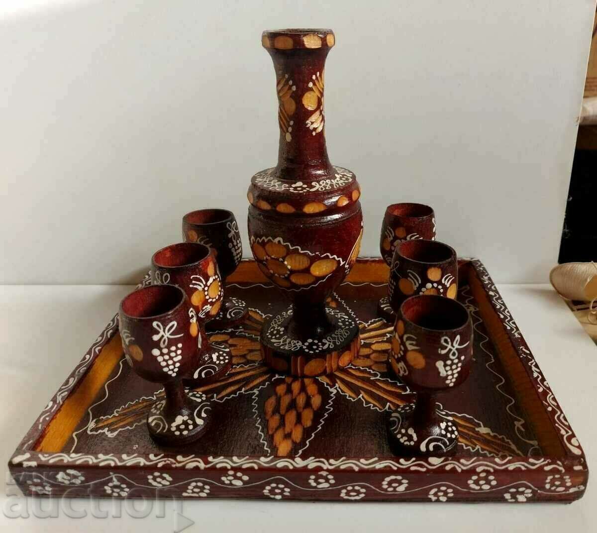 .OLD SOC WOODEN SERVICE TRAY CUPS VASE WOOD CARVING - 6