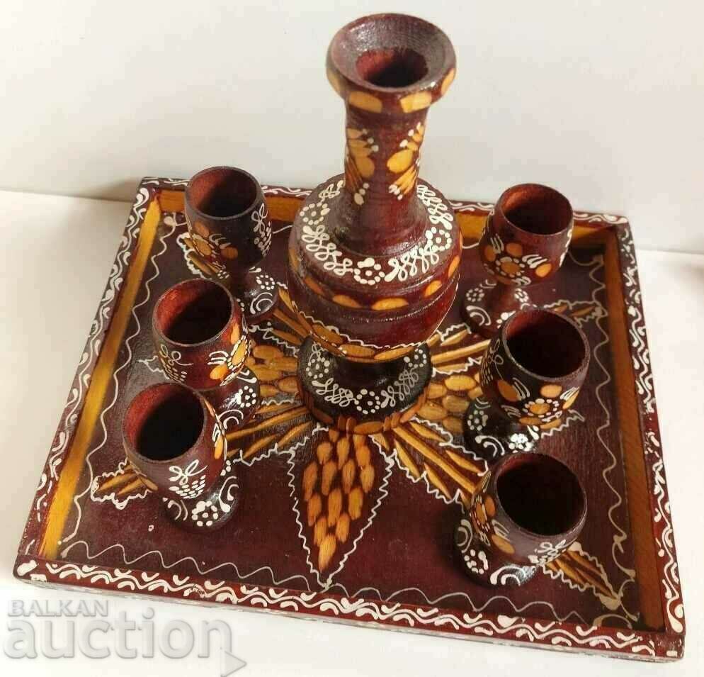 .OLD SOC WOODEN SERVICE TRAY CUPS VASE WOOD CARVING