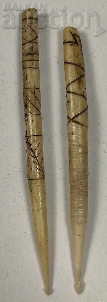 19th Century Rare Find Bone Engraved Knitting Needles - 5 19th Century Rare Find Bone Engraved Knitting Needles - 5
