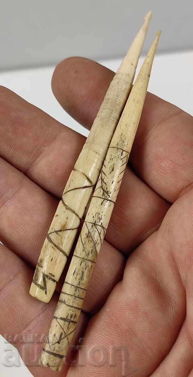 19th Century Rare Find Bone Engraved Knitting Needles - 6 19th Century Rare Find Bone Engraved Knitting Needles - 6