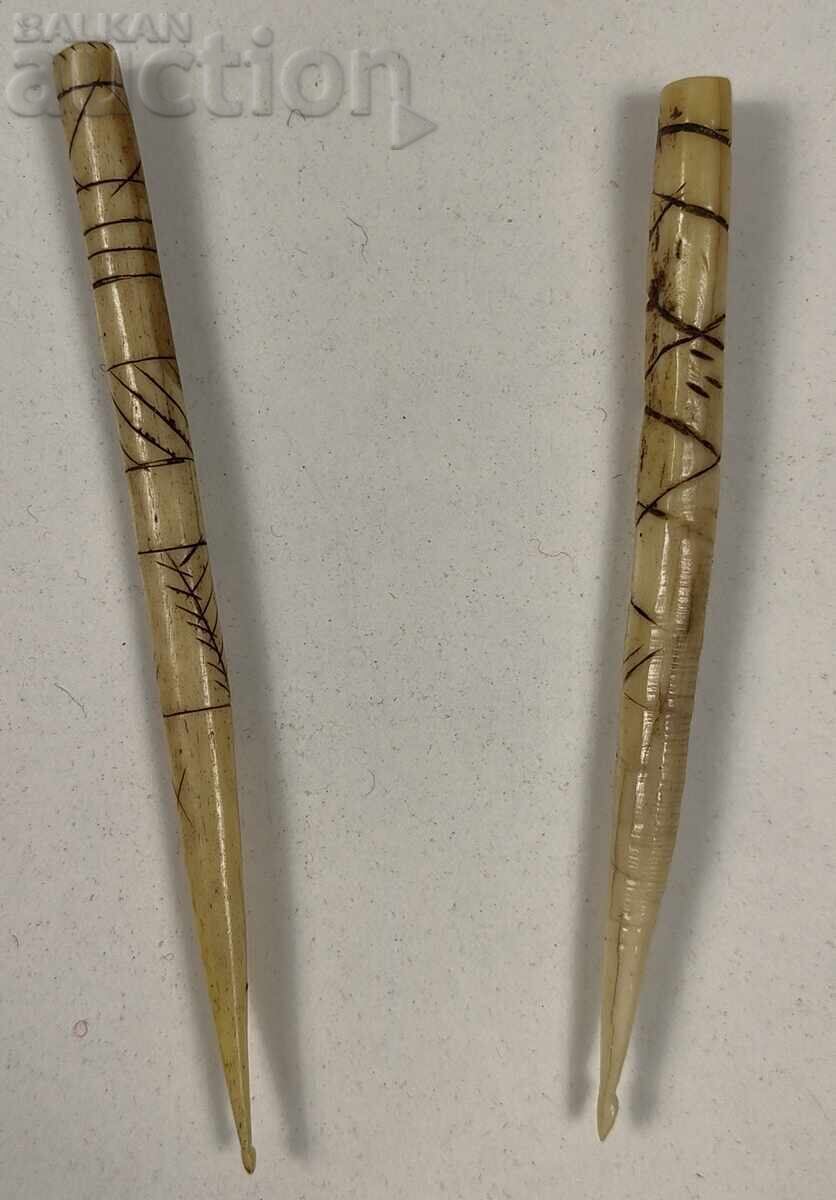 19th Century Rare Find Bone Engraved Knitting Needles 19th Century Rare Find Bone Engraved Knitting Needles