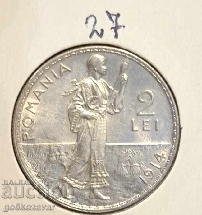 Auction  Romania 2 Lei 1914 Silver! UNC Top!
