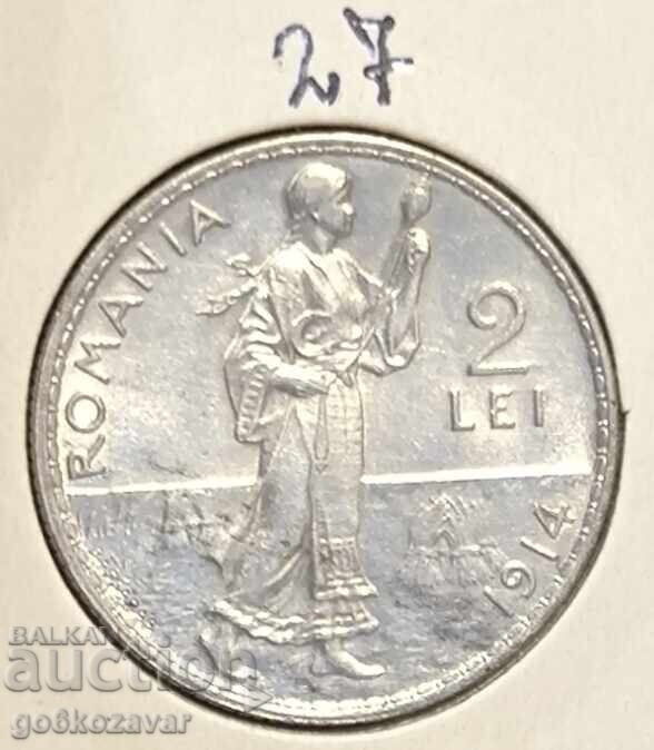 Romania 2 Lei 1914 Silver! UNC Top! - 5