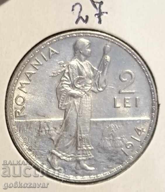 Romania 2 Lei 1914 Silver! UNC Top!