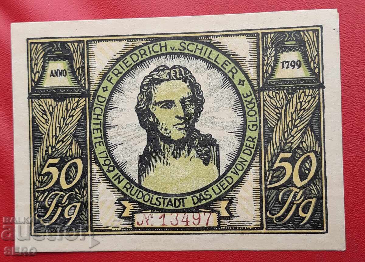 Банкнота-Германия-Тюрингия-Рудолщат-50 пфенига с цена 2.00 лв. | € 1.02