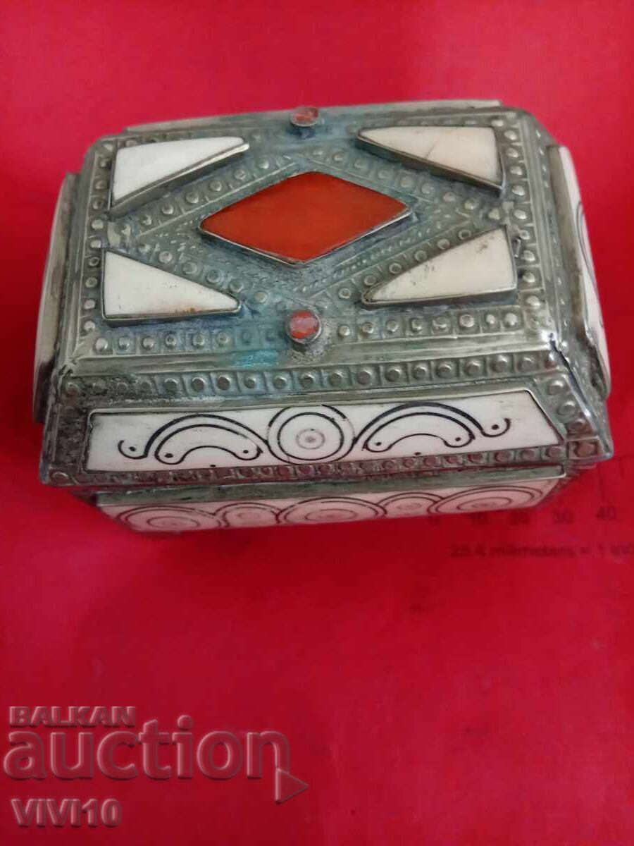 Αντίκα κουτί κοσμημάτων, κόκαλο, κεχριμπάρι, 11εκ