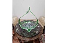 Superbă fructieră belgiană antică, mare, din cristal