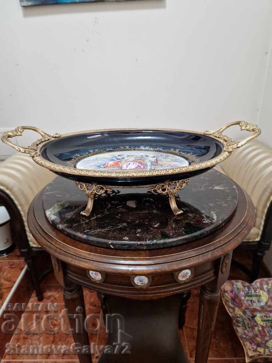 Auction  Large antique porcelain platter with bronze ornaments