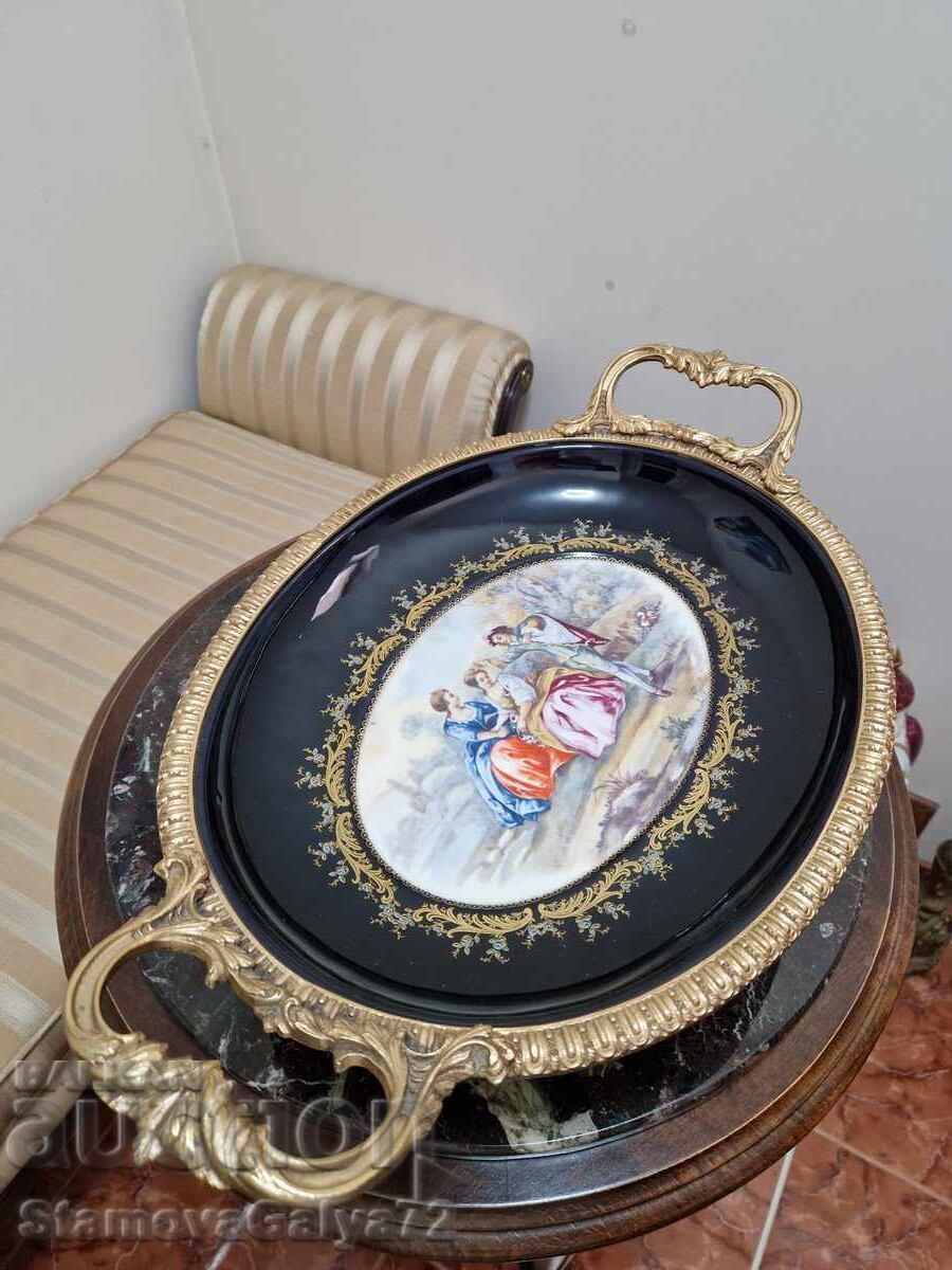 Large antique porcelain platter with bronze ornaments - 5