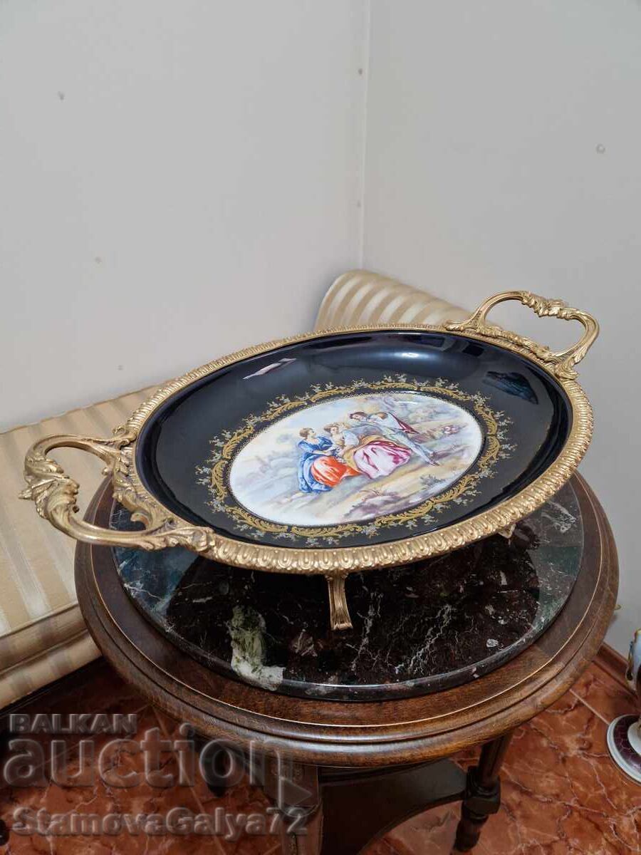Large antique porcelain platter with bronze ornaments
