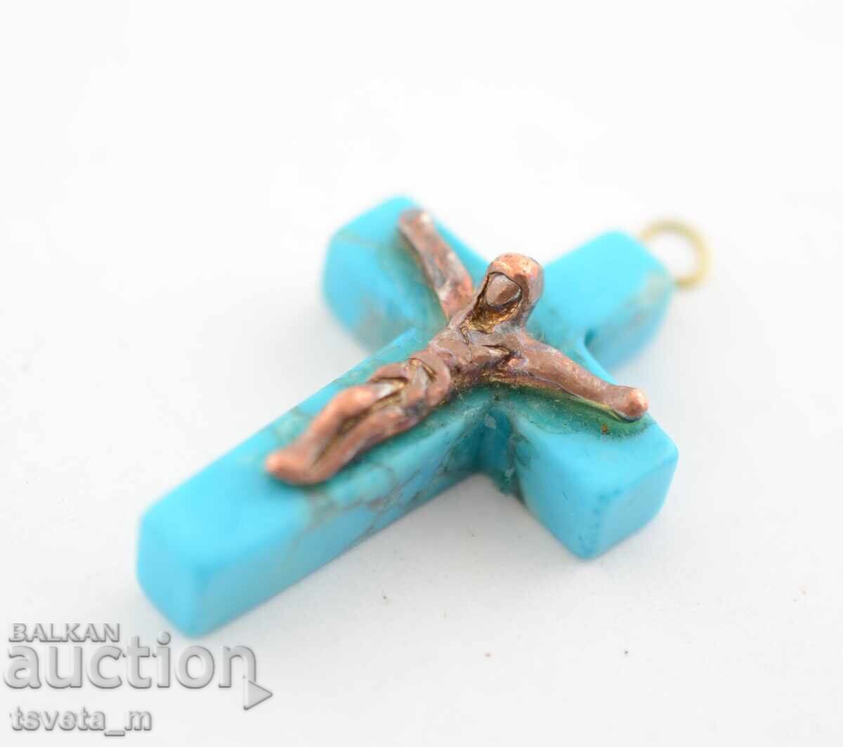 Δημοπρασία Μετάλλιο κρεμαστό σταυρός με Εσταυρωμένο τιρκουάζ