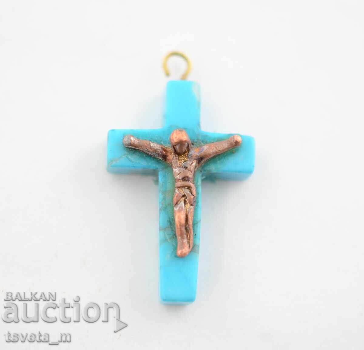 Μετάλλιο κρεμαστό σταυρός με Εσταυρωμένο τιρκουάζ
