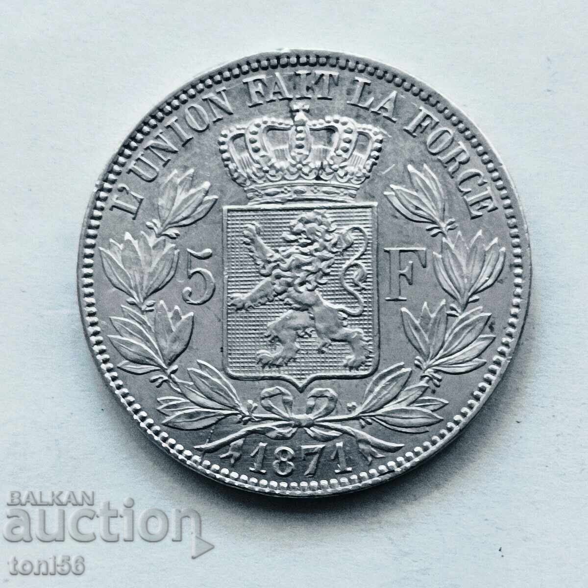 Белгия - Леополд II 5 франка 1871г, XF- St Белгия - Леополд II 5 франка 1871г, XF- St