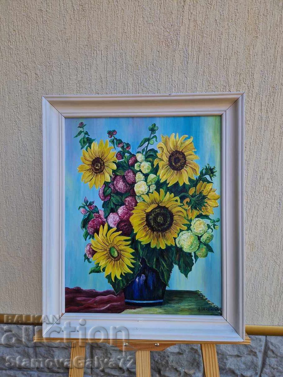 Frumoasă pictură antică de autor, ulei pe pânză