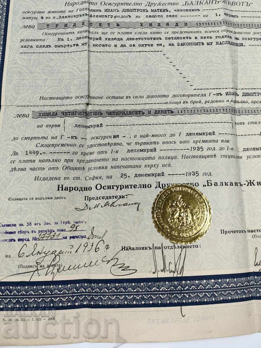 1935 БАЛКАН ЖИВОТ СТАРА ПОЛИЦА ЗАСТРАХОВКА ДОКУМЕНТ ОБЛИГАЦИ с цена 35.00 лв. | € 17.90