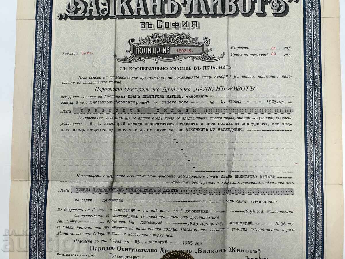 Доставка на 1935 БАЛКАН ЖИВОТ СТАРА ПОЛИЦА ЗАСТРАХОВКА ДОКУМЕНТ ОБЛИГАЦИ