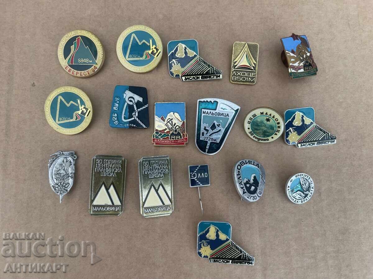 Παρτίδα από 18 σήματα, κονκάρδες, ορειβασία, κορυφές, καταφύγιο, ένα με βίδα