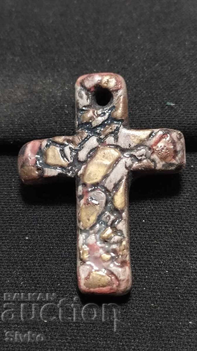 Pendant cross, modeled and painted ceramic, handmade