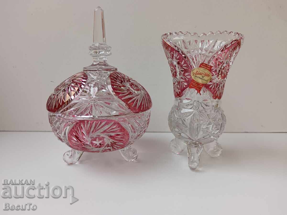 Lead crystal vase and bonbonniere (sugar bowl), Anna Hutte
